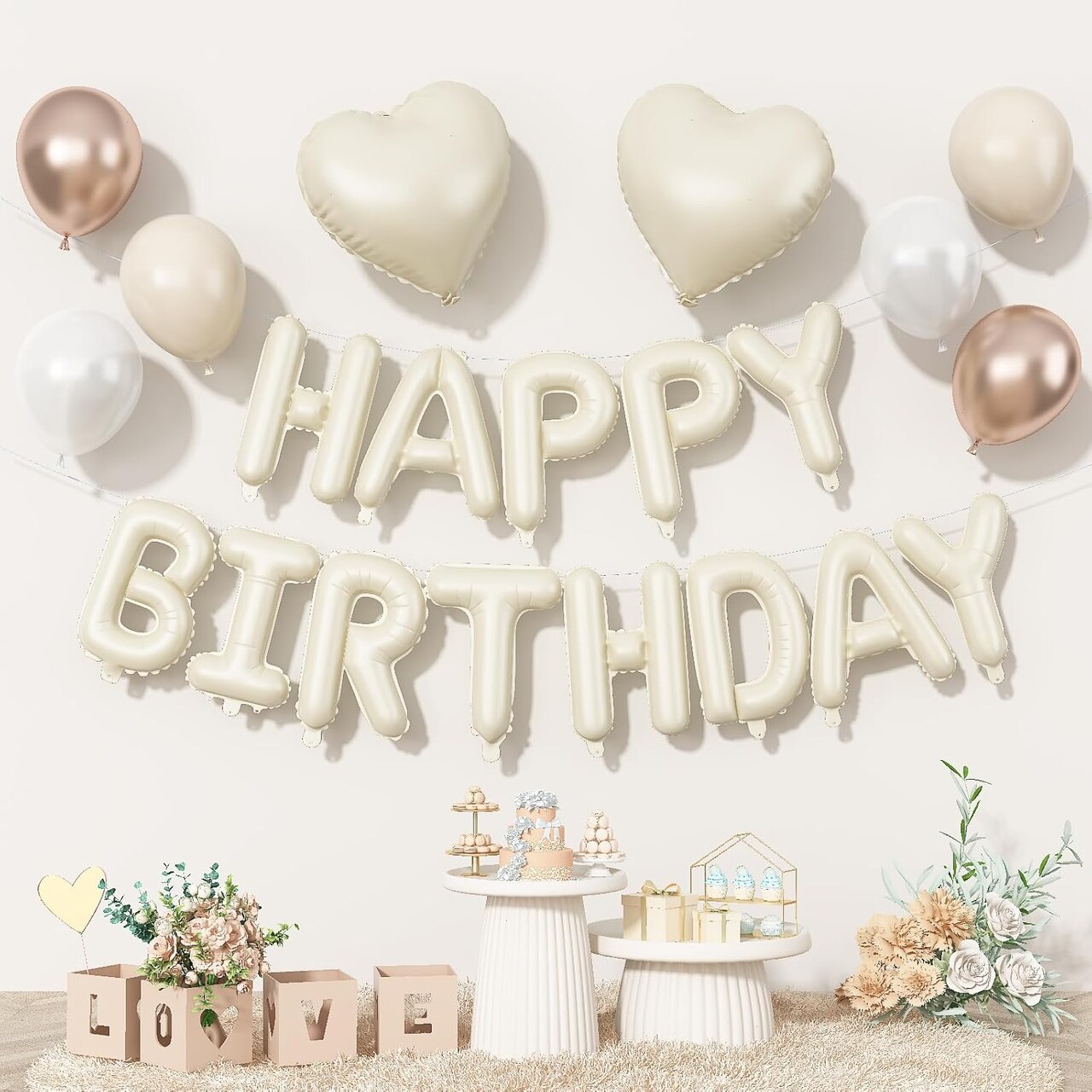 Happy Birthday Balloon Banner Cream – 16 Inch Beige Mylar Letters with Pearl White, Sand, and Metallic Champagne Gold Heart Foil Balloons – Boho Neutral Birthday Decorations for Girls, Women, Boys & Men (Beige Champagne Gold)